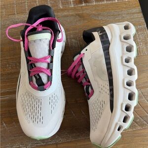 On Cloudmonster Running Women's White Athletic Shoes with Pink Laces